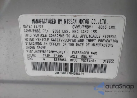 2008 Infiniti G35X из США, поврежденный, VIN JNKBV61F78M258437